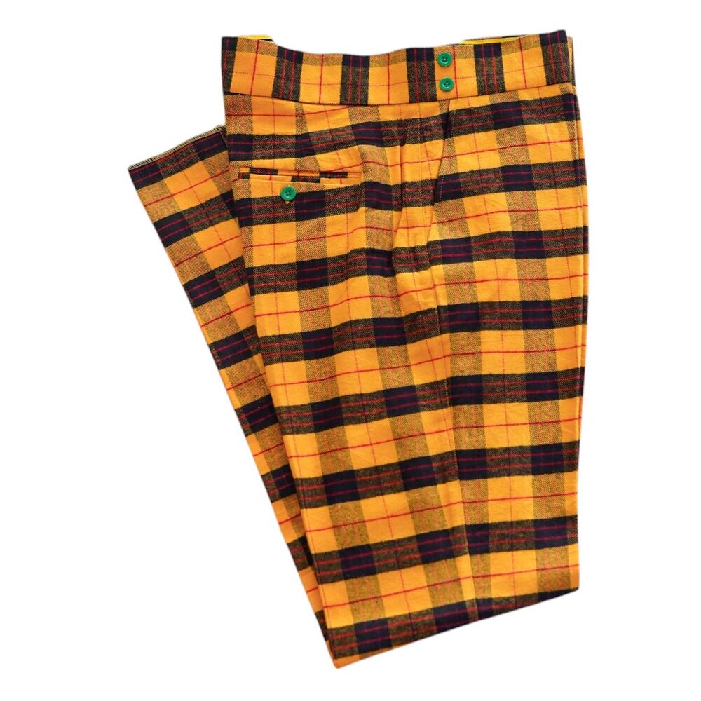 Mens 36 Orange Black Plaid Gurkha Pants Cotton Flat Front Slim Fit Trousers
